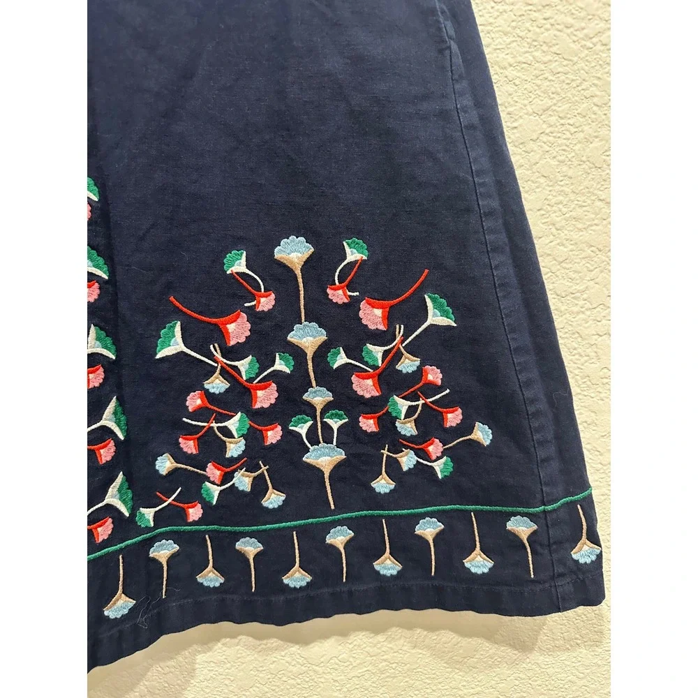 Boden Navy Blue Floral Embroidered Linen Cotton A-Line Skirt Petite 6P Boho
